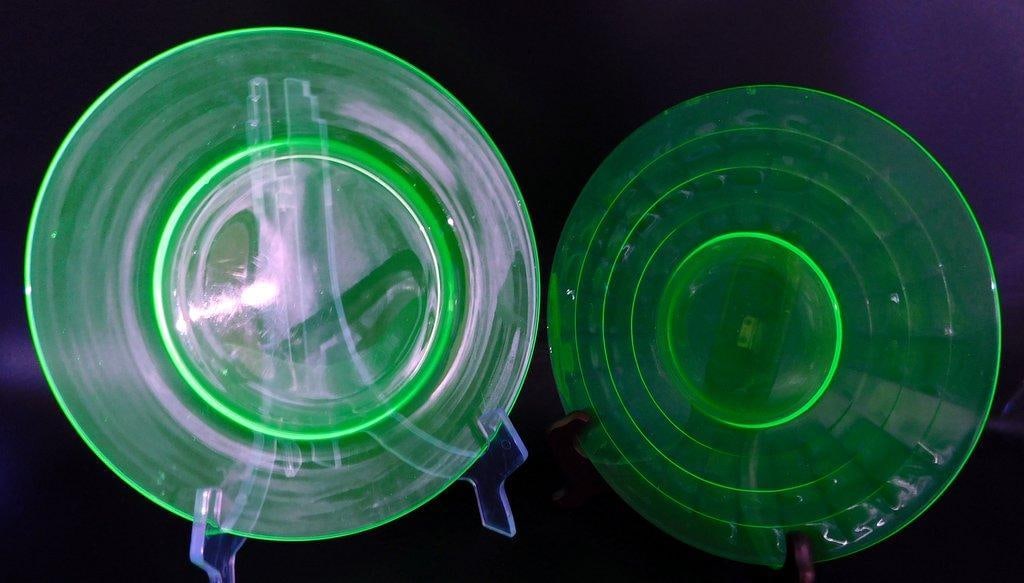 Two Green Vaseline Glass Plates - 2