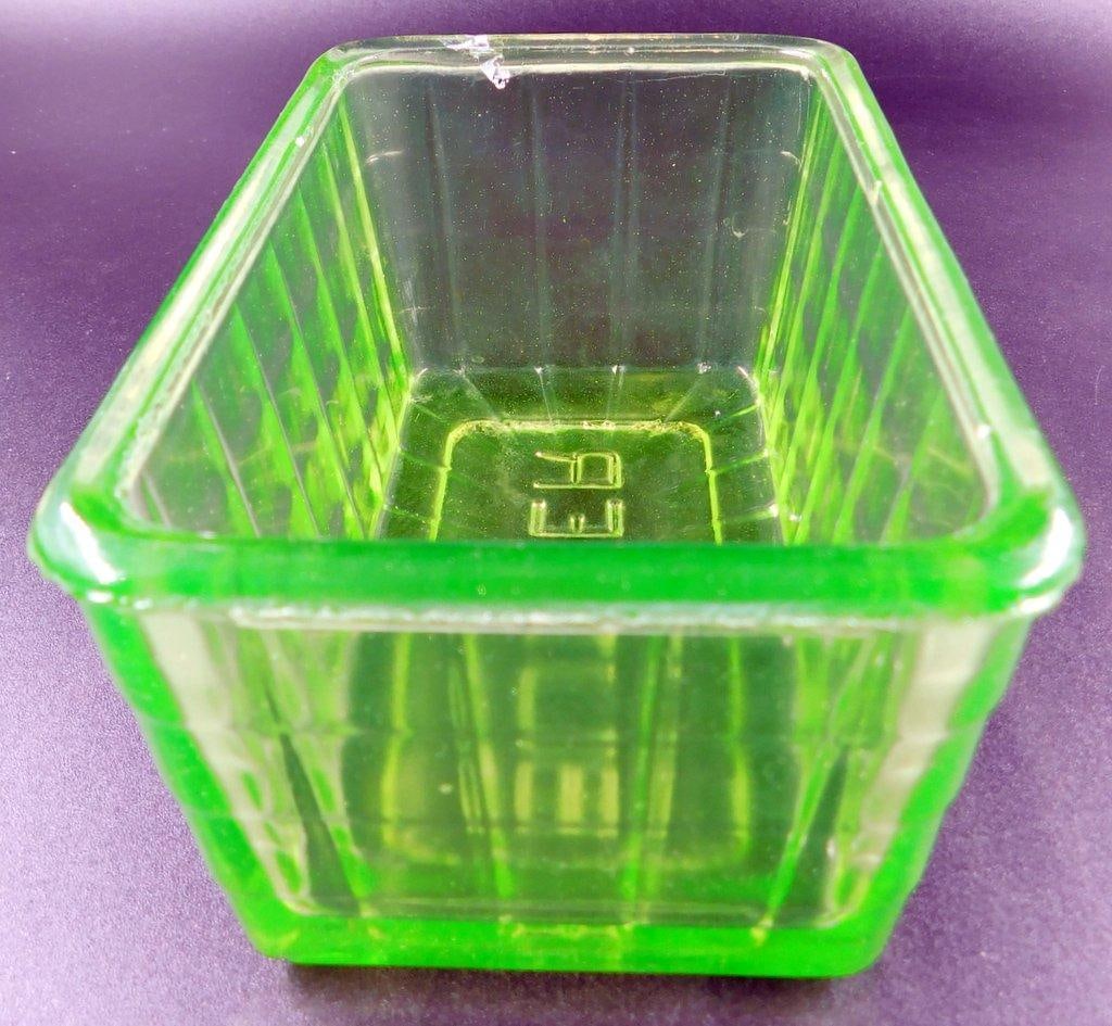 Uranium Green Depression Glass Large Butter Dish Lid w/ Block Optic Lettering - 10