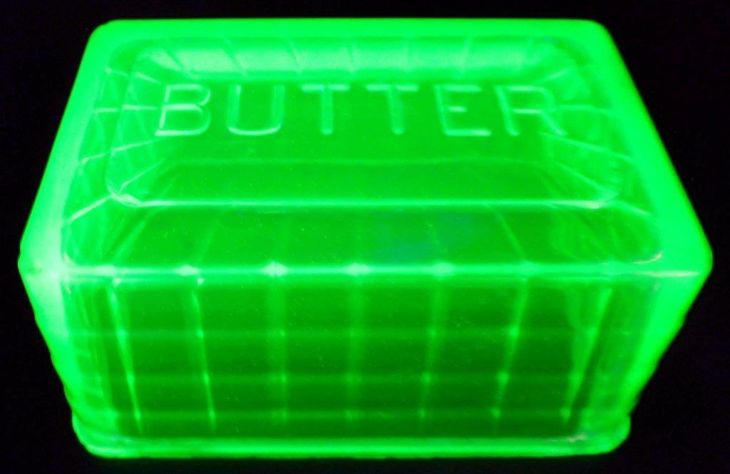 Uranium Green Depression Glass Large Butter Dish Lid w/ Block Optic Lettering (1 of 11)