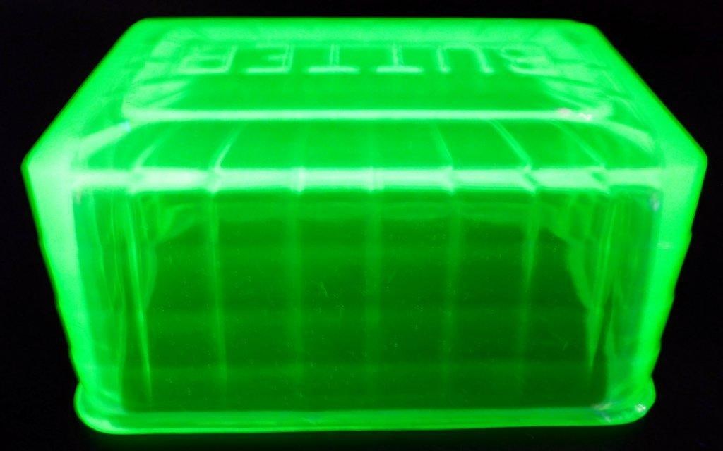 Uranium Green Depression Glass Large Butter Dish Lid w/ Block Optic Lettering - 2