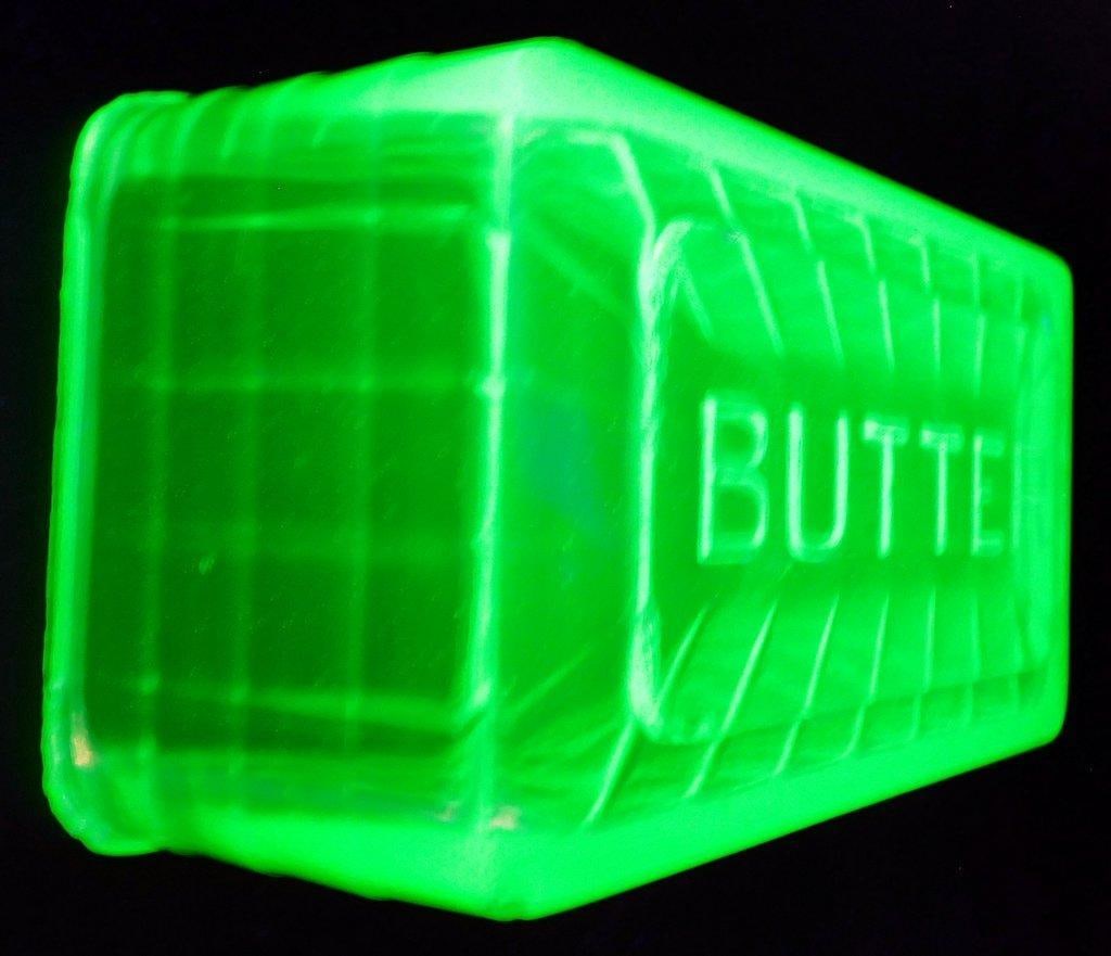 Uranium Green Depression Glass Large Butter Dish Lid w/ Block Optic Lettering - 5