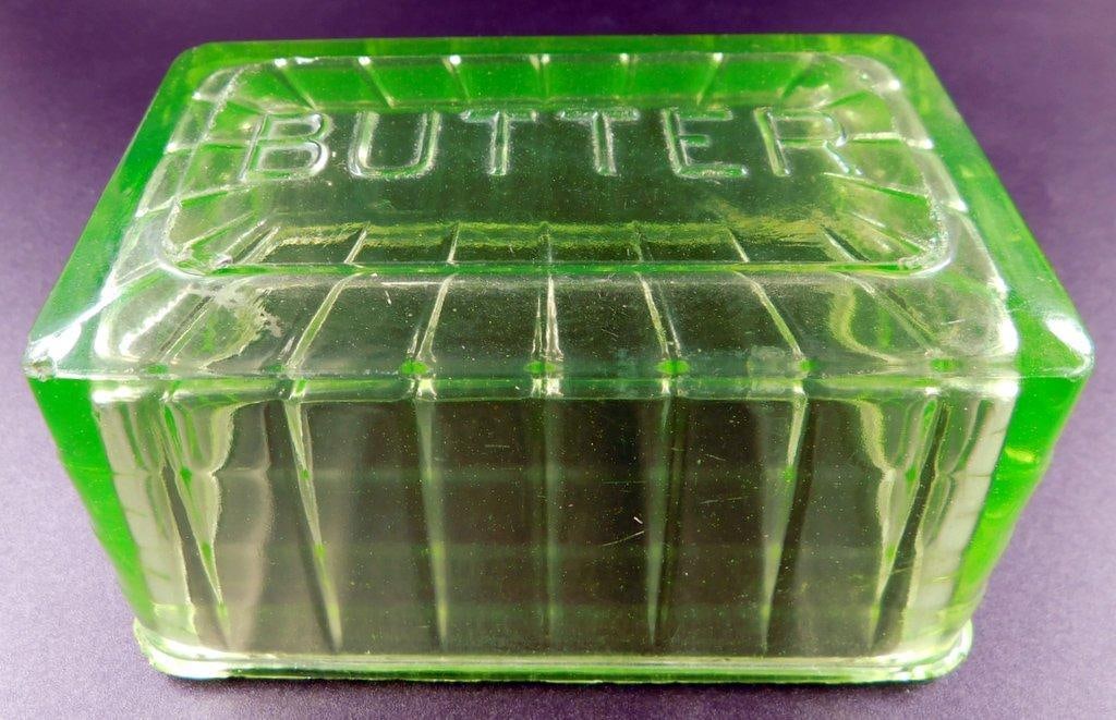Uranium Green Depression Glass Large Butter Dish Lid w/ Block Optic Lettering - 6