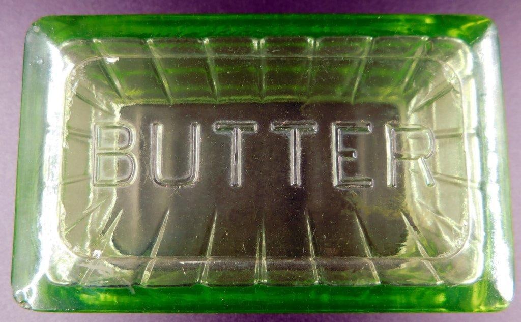 Uranium Green Depression Glass Large Butter Dish Lid w/ Block Optic Lettering - 7