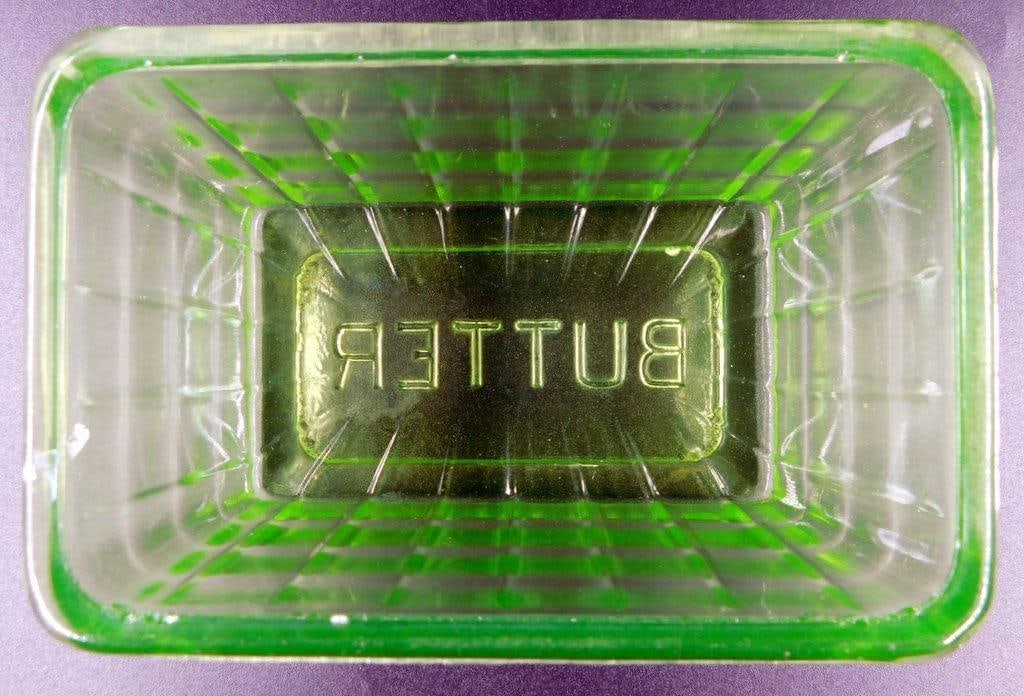 Uranium Green Depression Glass Large Butter Dish Lid w/ Block Optic Lettering - 9