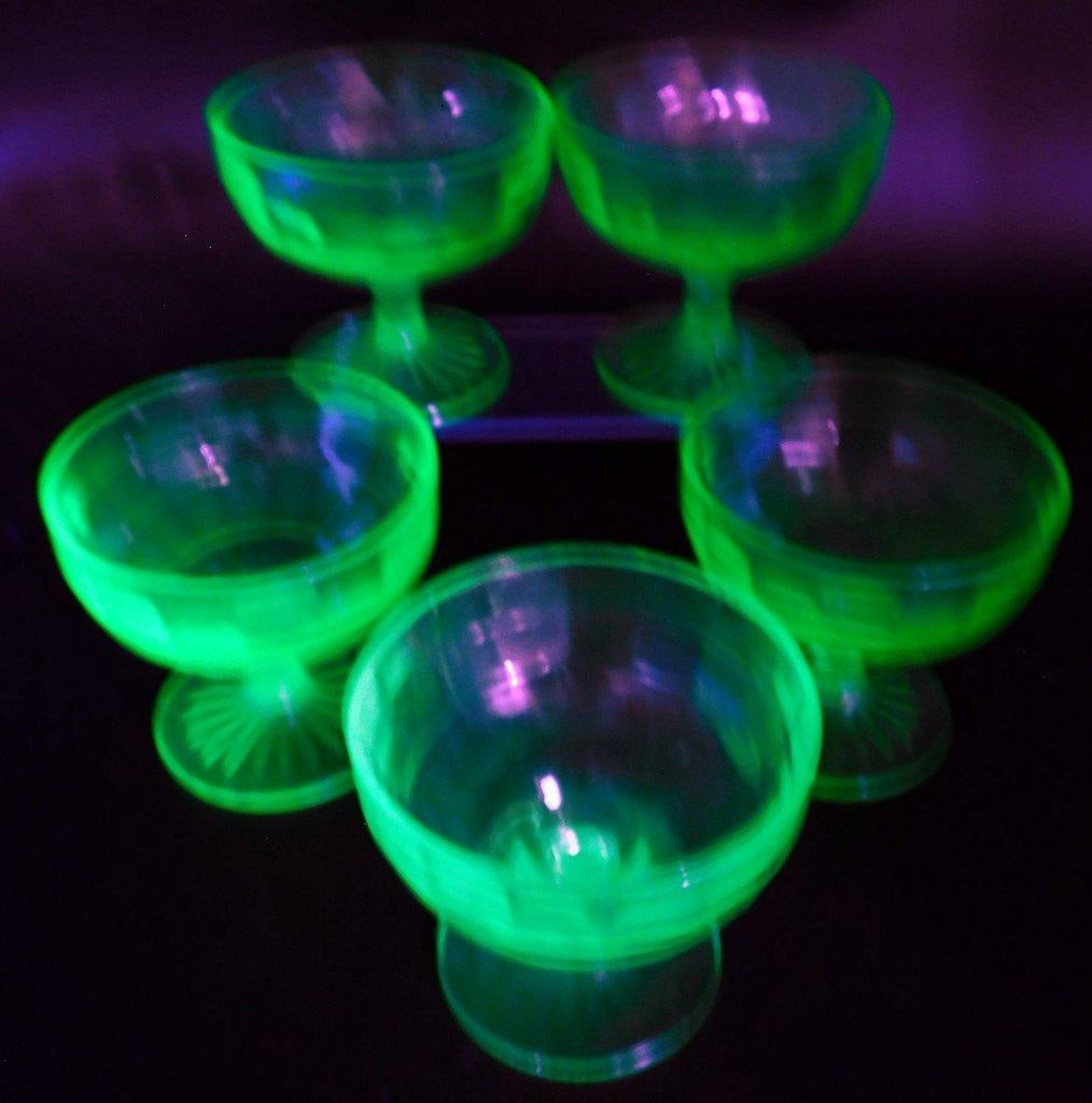 Green Uranium Glass Sherbet Cups with Sunburst Base, (5) - 3