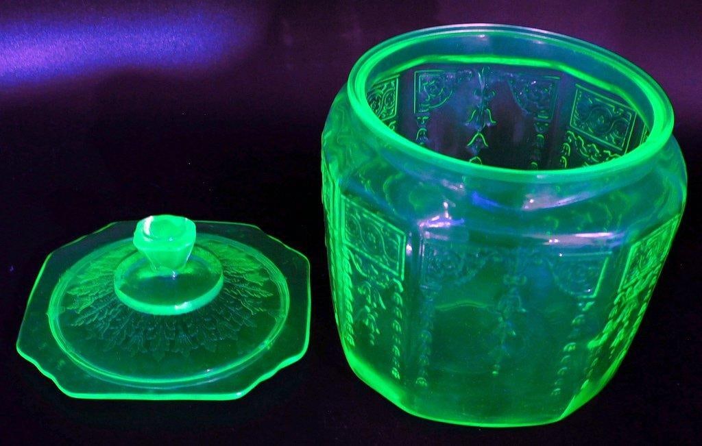 Anchor Hocking Princess Uranium Glass Cookie Jar w/ Etched Floral Design (1 of 8)