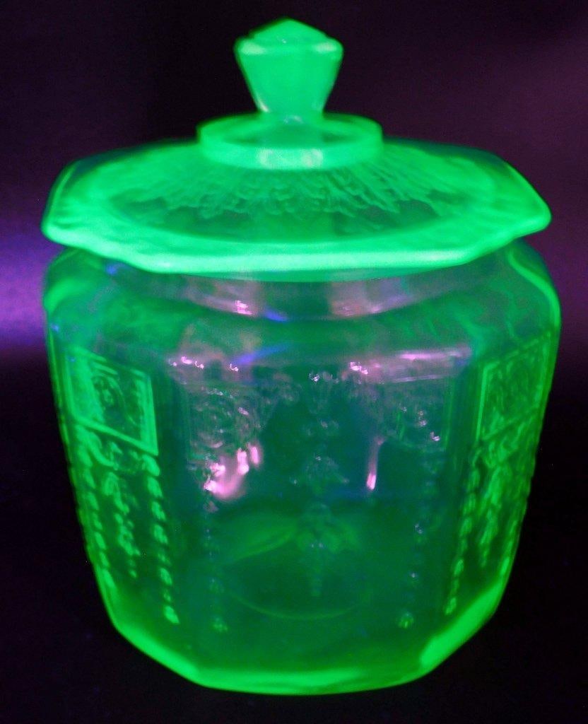 Anchor Hocking Princess Uranium Glass Cookie Jar w/ Etched Floral Design - 2