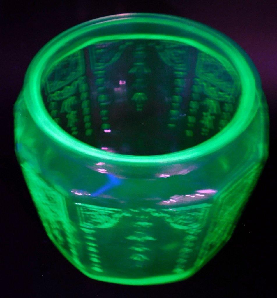 Anchor Hocking Princess Uranium Glass Cookie Jar w/ Etched Floral Design - 4