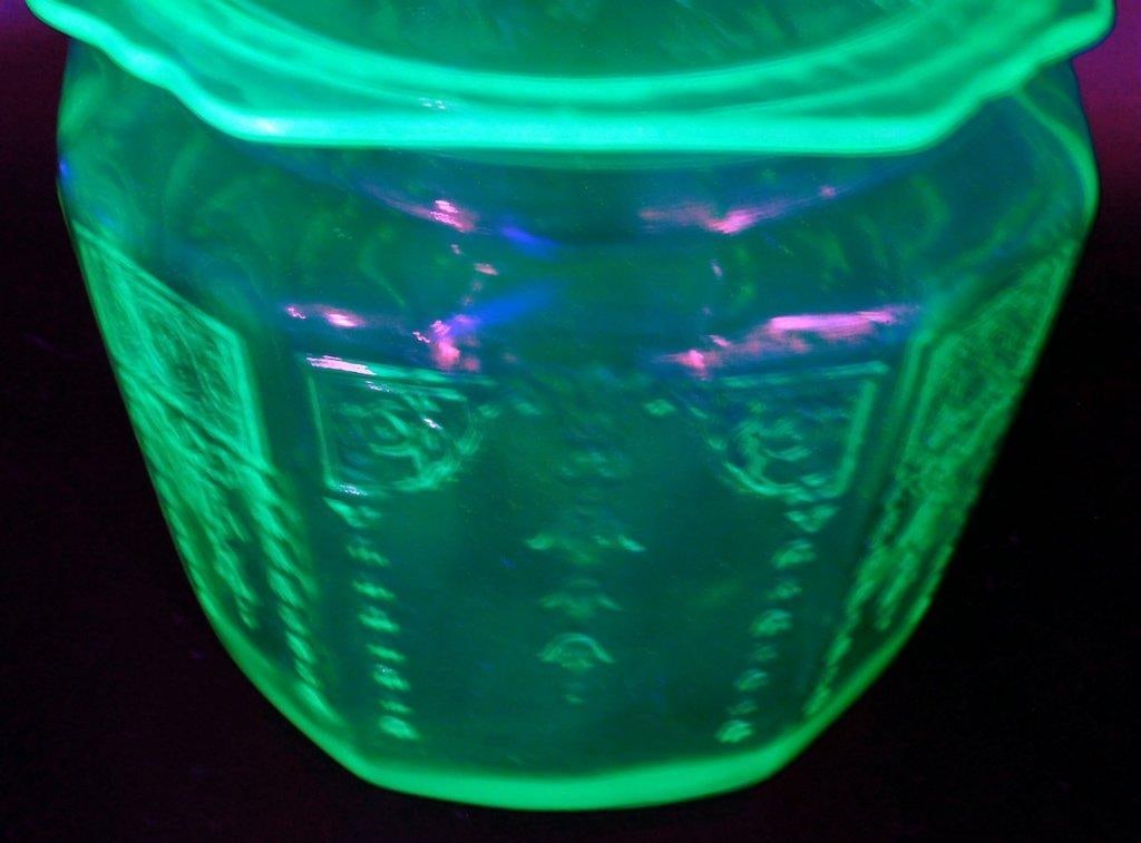Anchor Hocking Princess Uranium Glass Cookie Jar w/ Etched Floral Design - 5
