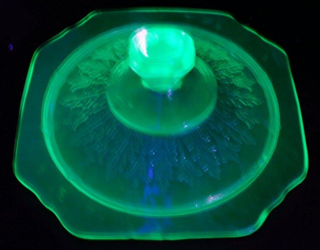 Anchor Hocking Princess Uranium Glass Cookie Jar w/ Etched Floral Design - 7