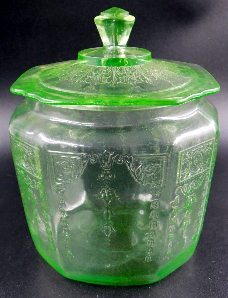 Anchor Hocking Princess Uranium Glass Cookie Jar w/ Etched Floral Design - 8