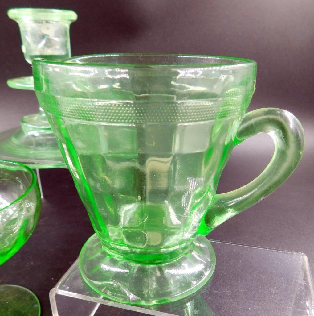 Uranium Glass Tableware Grouping Including Candle Holder and Sugar Creamer Dishes - 10