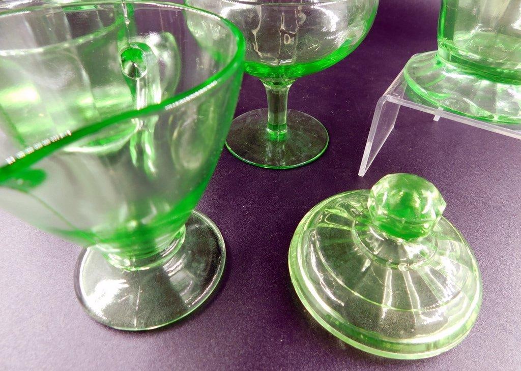 Uranium Glass Tableware Grouping Including Candle Holder and Sugar Creamer Dishes - 11
