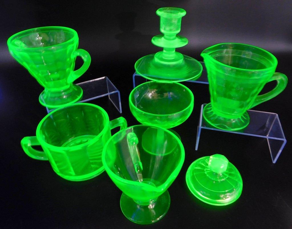 Uranium Glass Tableware Grouping Including Candle Holder and Sugar Creamer Dishes (1 of 11)