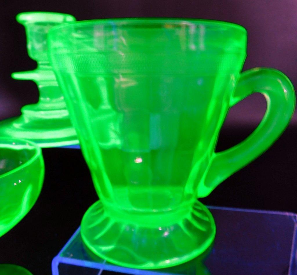 Uranium Glass Tableware Grouping Including Candle Holder and Sugar Creamer Dishes - 2