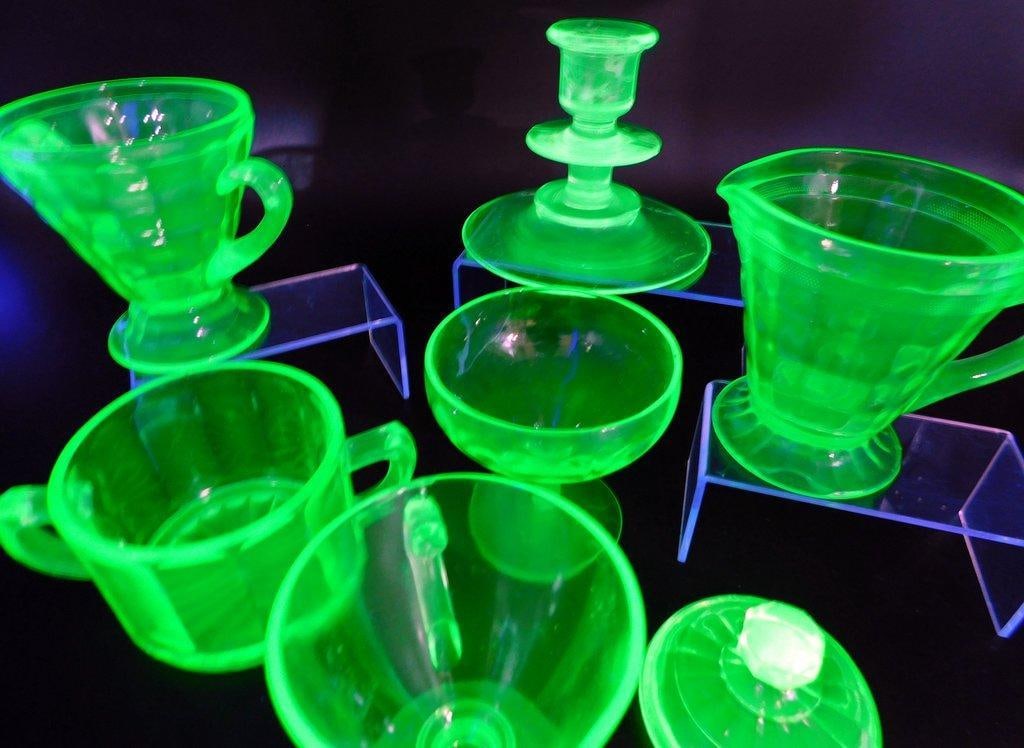 Uranium Glass Tableware Grouping Including Candle Holder and Sugar Creamer Dishes - 3