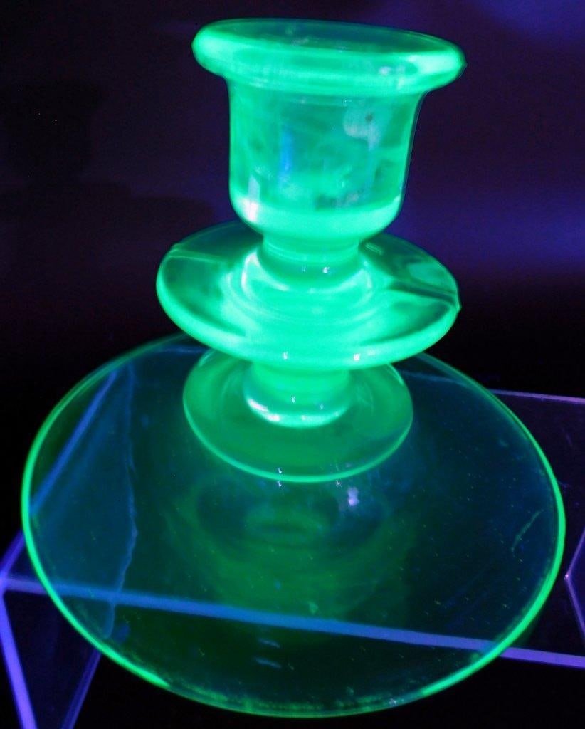 Uranium Glass Tableware Grouping Including Candle Holder and Sugar Creamer Dishes - 4