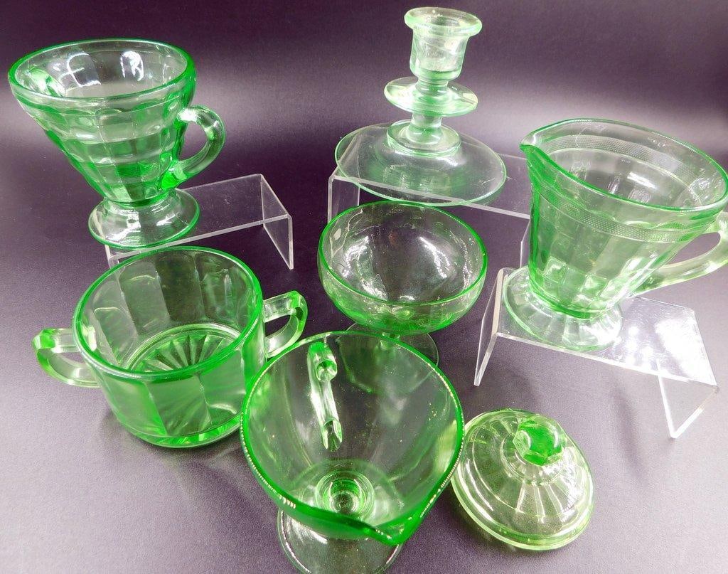 Uranium Glass Tableware Grouping Including Candle Holder and Sugar Creamer Dishes - 5