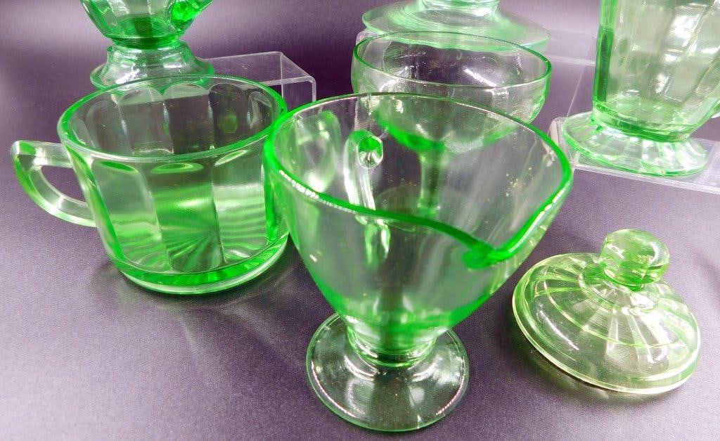 Uranium Glass Tableware Grouping Including Candle Holder and Sugar Creamer Dishes - 6