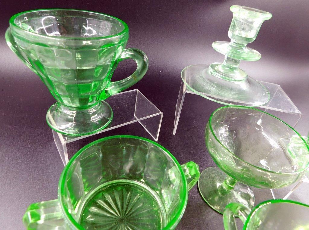 Uranium Glass Tableware Grouping Including Candle Holder and Sugar Creamer Dishes - 7