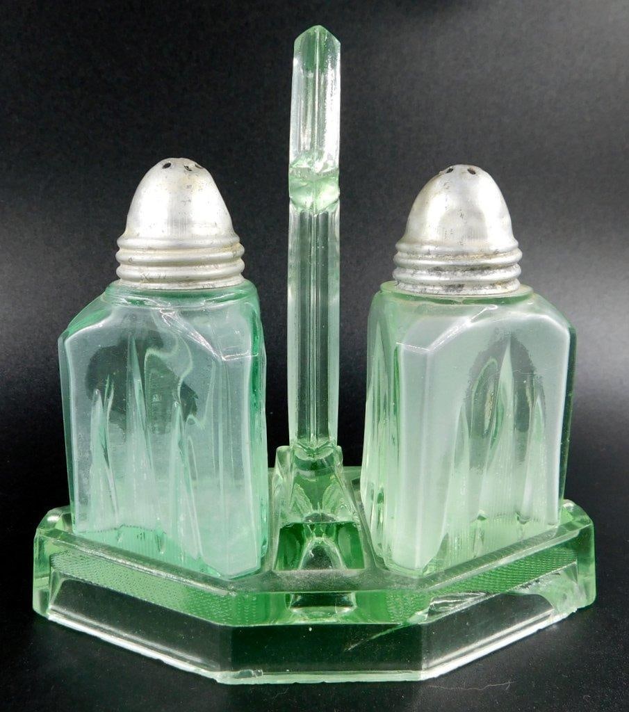 Uranium Glass Salt & Pepper w/ Caddy - 7