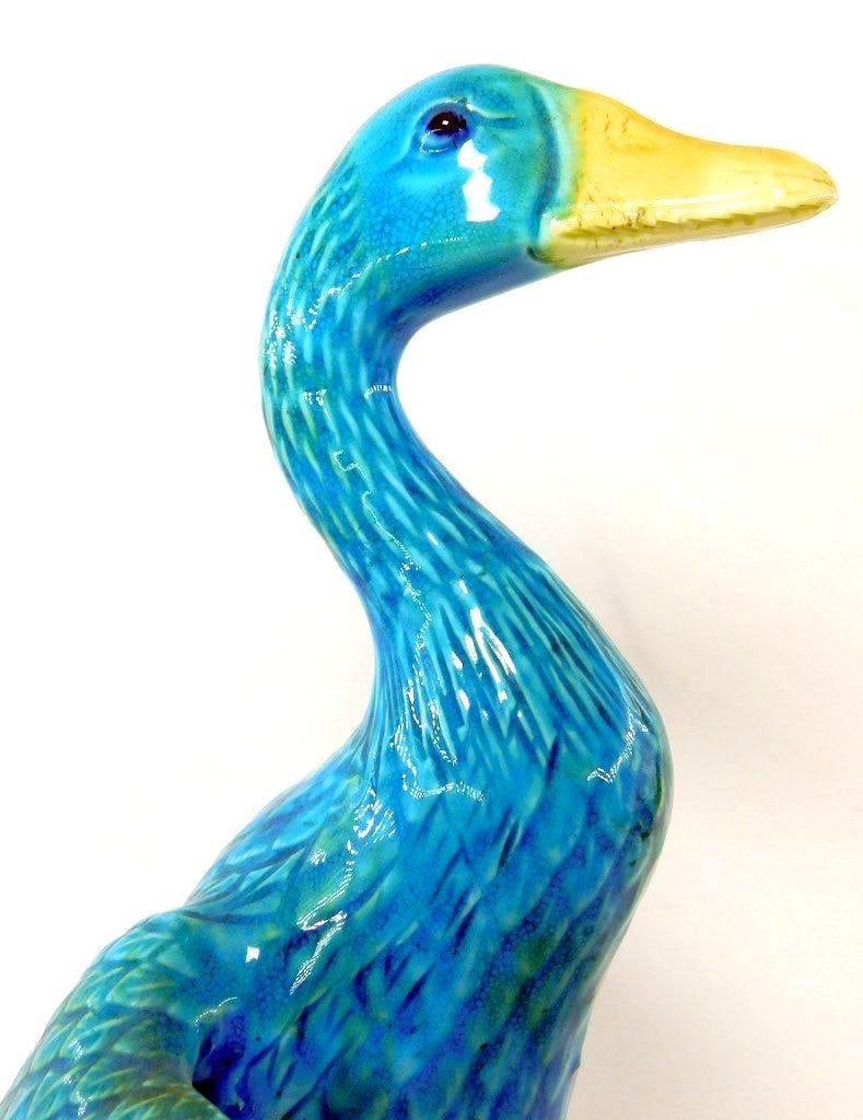 Majolica-Style Ceramic Blue Duck Figurine with Textured Base - 3