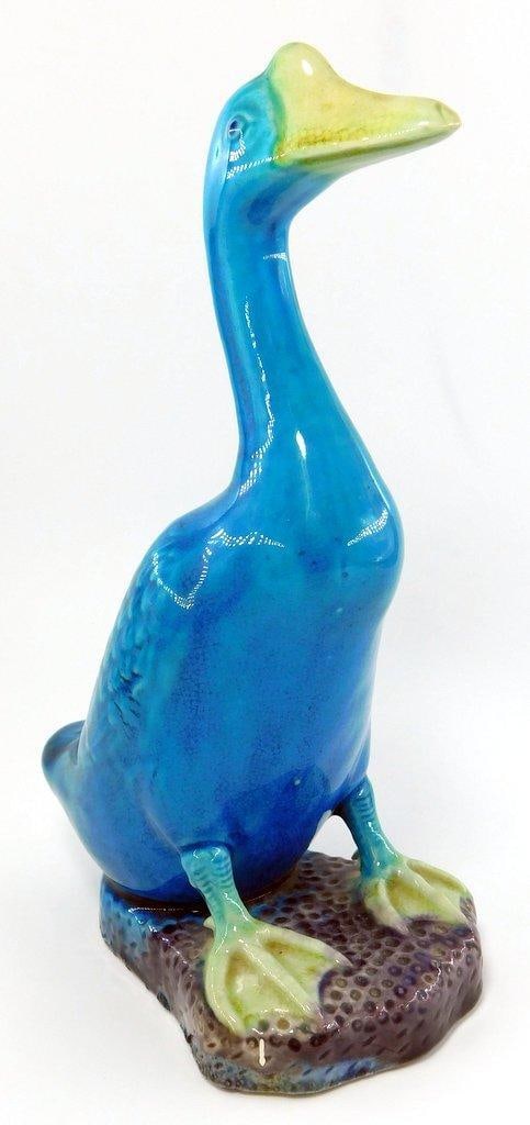 Blue Ceramic Glazed Goose Figurine on Base - 3