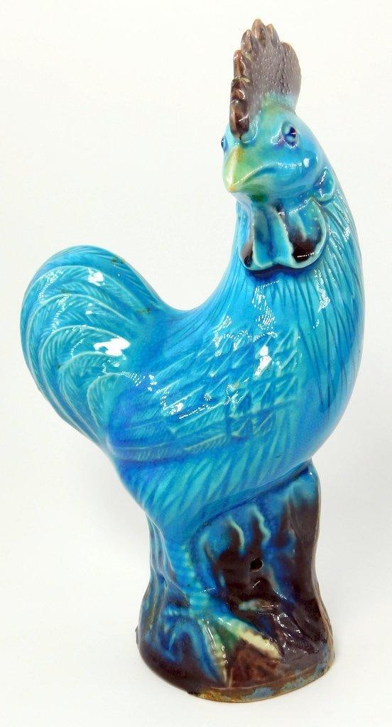 Blue Ceramic Rooster Figurines - 2
