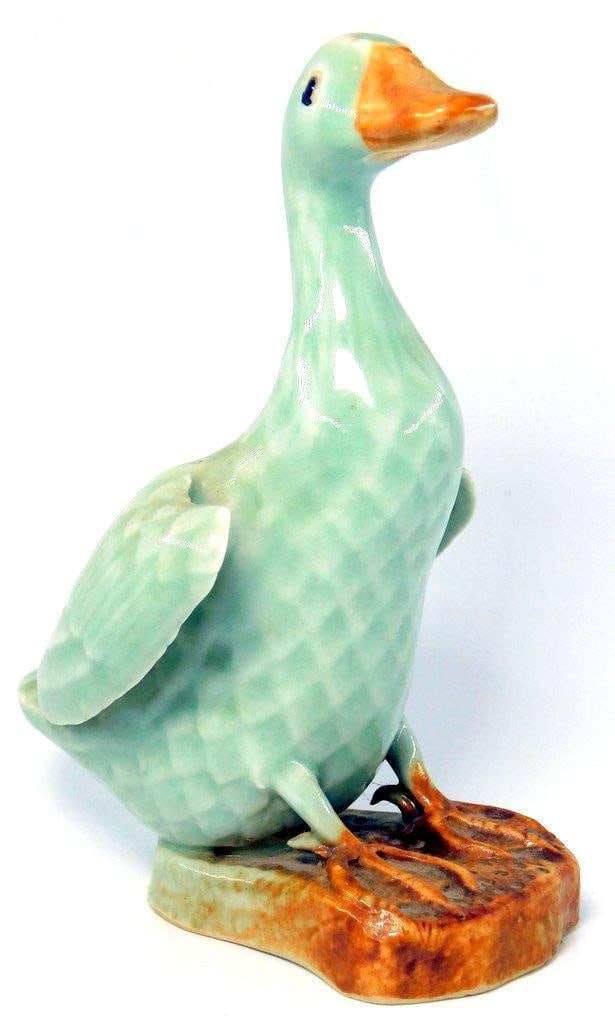 Green and Orange Ceramic Duck Figurine w/ Stamped Mark - 2