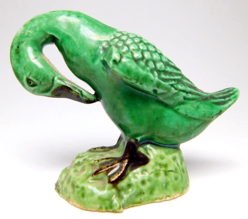 Three Ceramic Duck Figurines in Green, Yellow, and Brown Glazes - 2