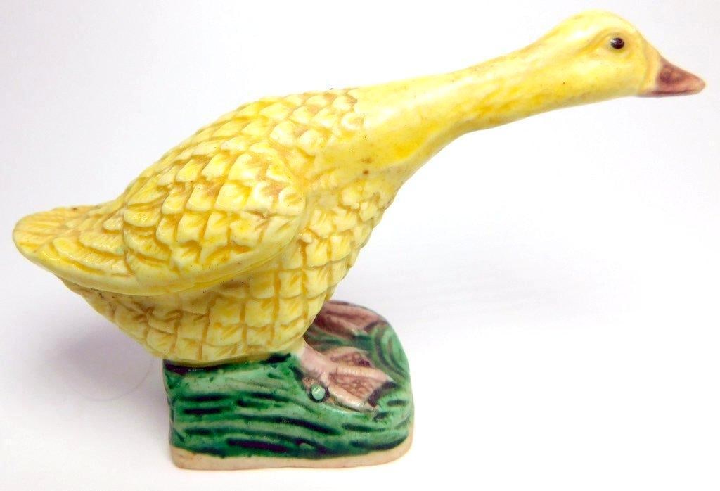 Three Ceramic Duck Figurines in Green, Yellow, and Brown Glazes - 3
