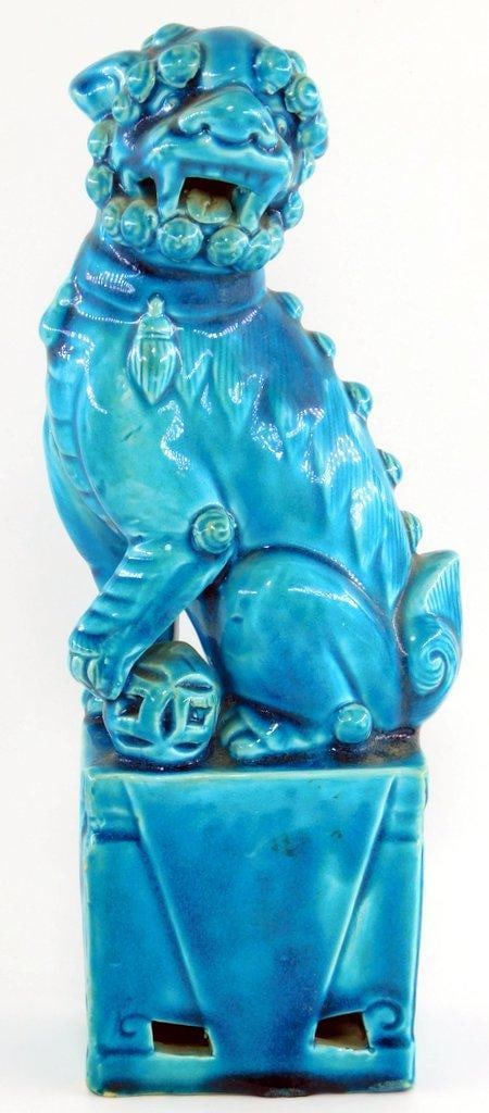 Pair Turquoise Glazed Foo Dog Sculptures on Pedestals - 2