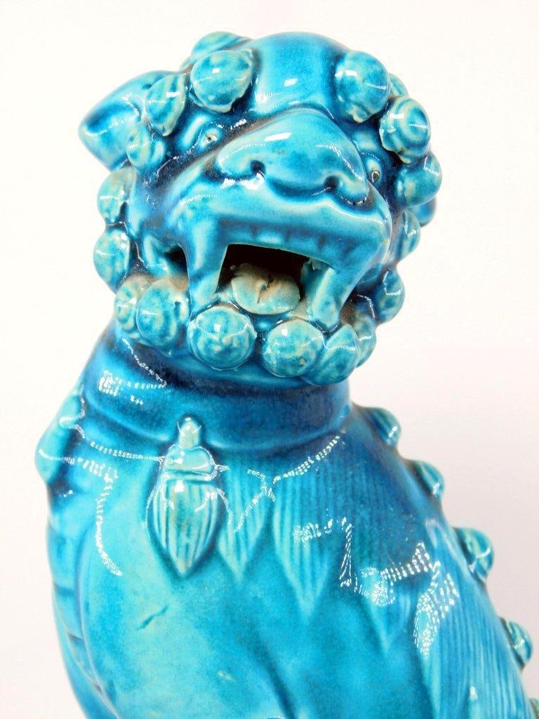 Pair Turquoise Glazed Foo Dog Sculptures on Pedestals - 3