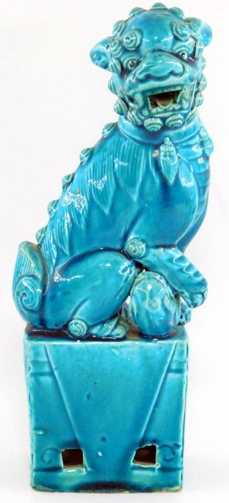 Pair Turquoise Glazed Foo Dog Sculptures on Pedestals - 7