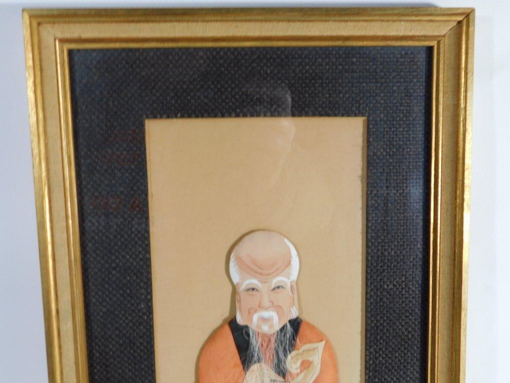 Vintage Asian Fabric & Paper Ancestor Portrait, Framed - 6