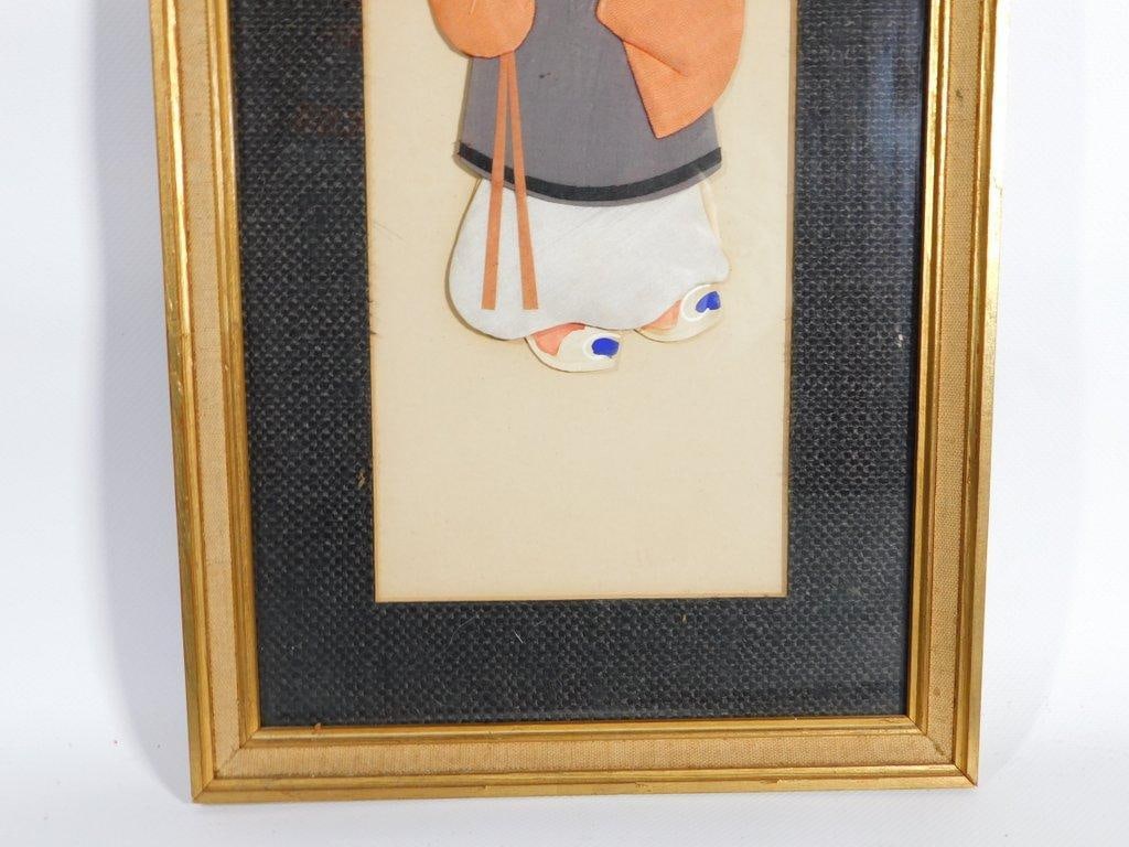 Vintage Asian Fabric & Paper Ancestor Portrait, Framed - 7