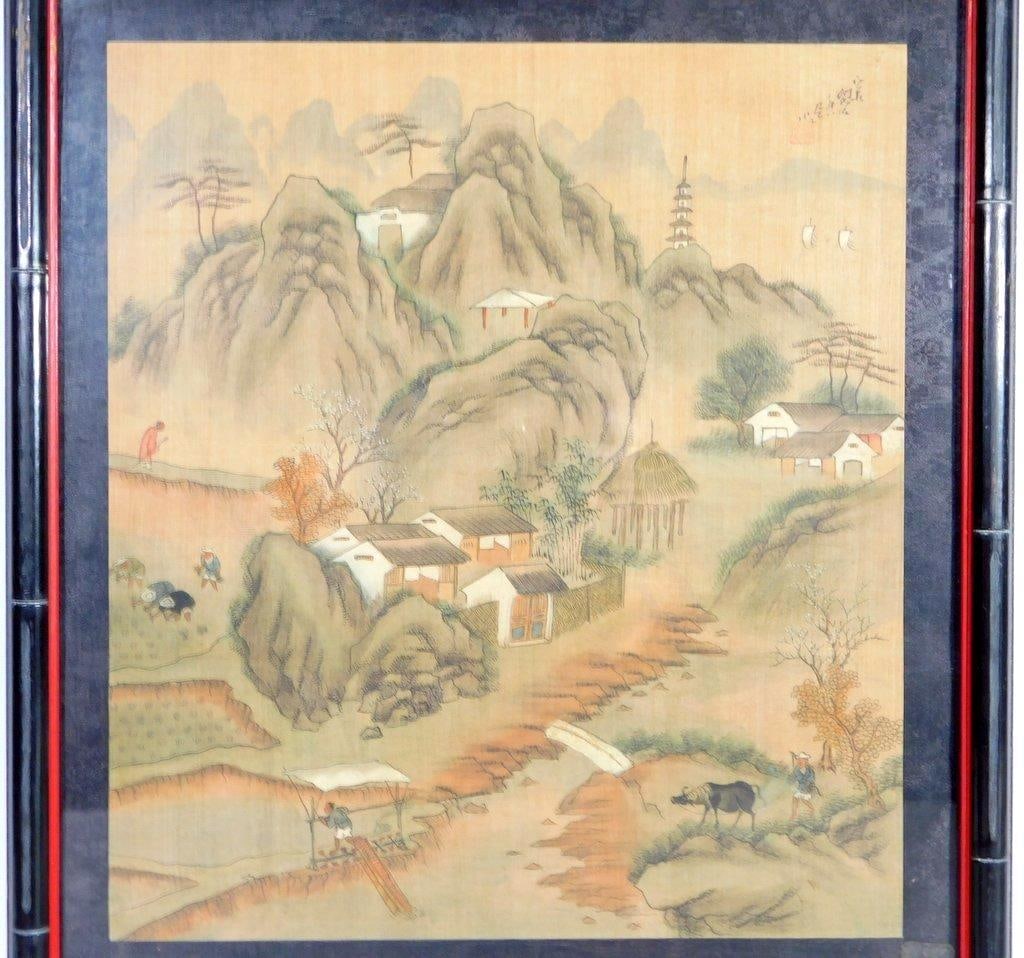 Chinese Literati Misty Mountain Village on Silk Framed Art - 2
