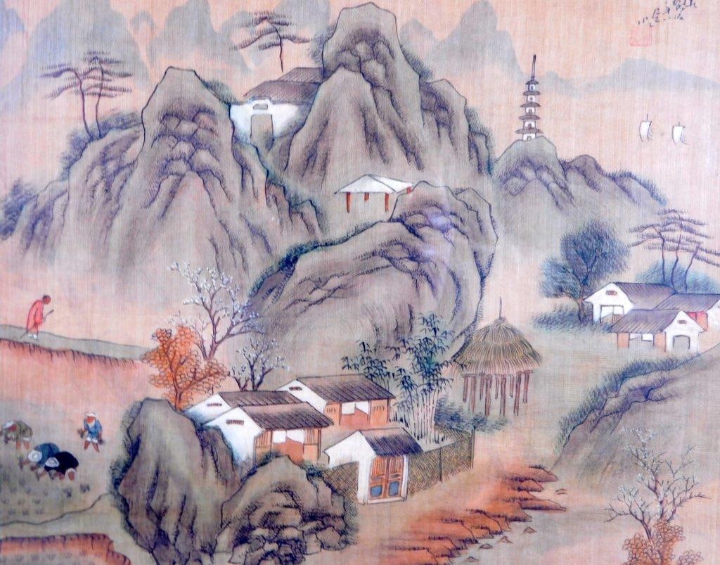 Chinese Literati Misty Mountain Village on Silk Framed Art - 3