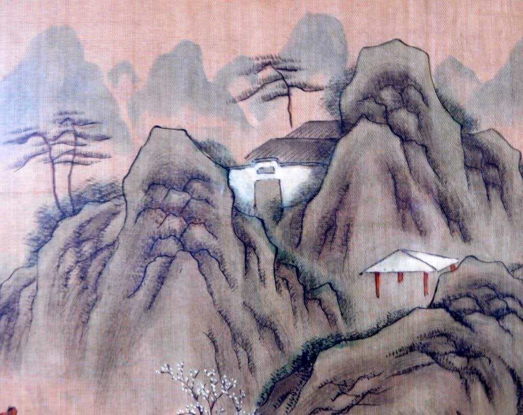 Chinese Literati Misty Mountain Village on Silk Framed Art - 6