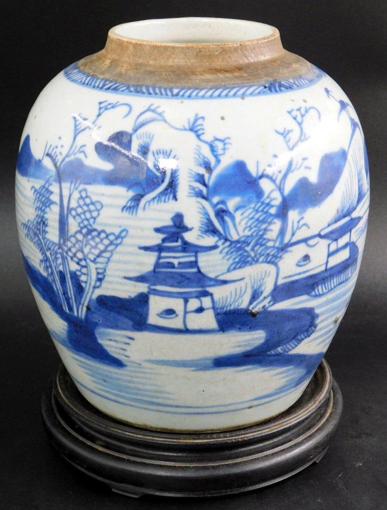Chinese Blue-and-White Porcelain Ginger Jar w/ Wooden Stand (1 of 10)