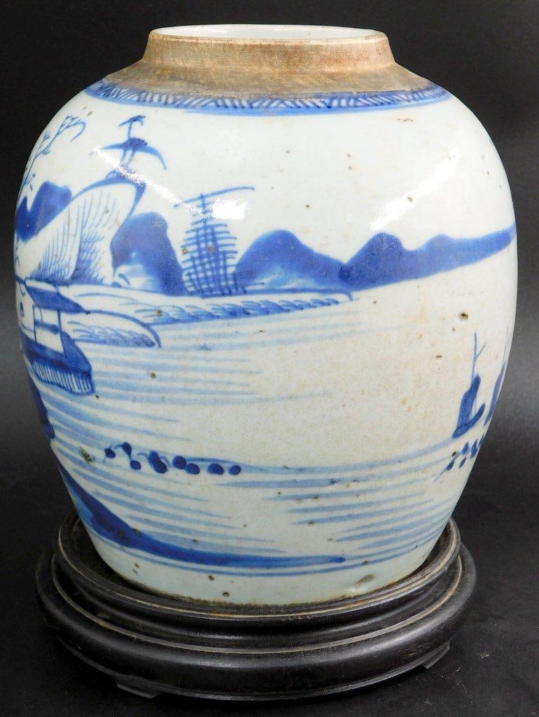 Chinese Blue-and-White Porcelain Ginger Jar w/ Wooden Stand - 2
