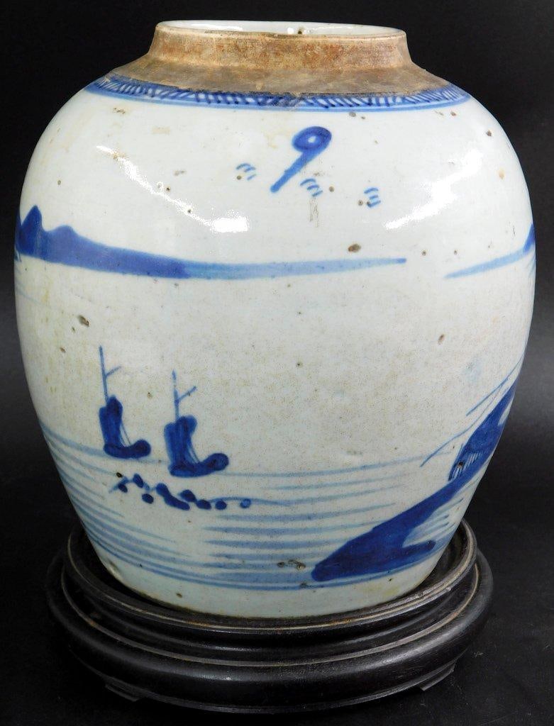 Chinese Blue-and-White Porcelain Ginger Jar w/ Wooden Stand - 3
