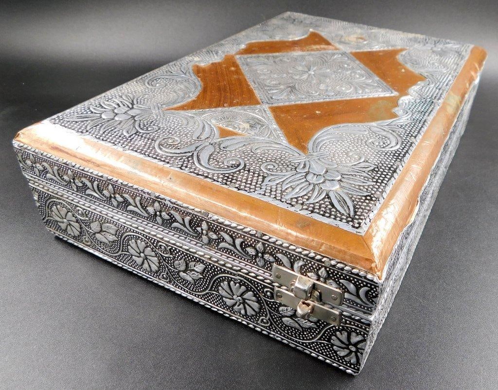 Metal and Wooden Decorative Box with Floral Engravings, Made in India - 3