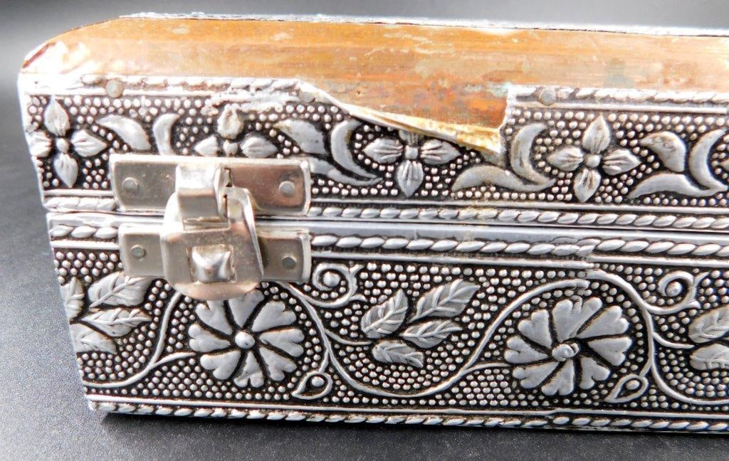 Metal and Wooden Decorative Box with Floral Engravings, Made in India - 4