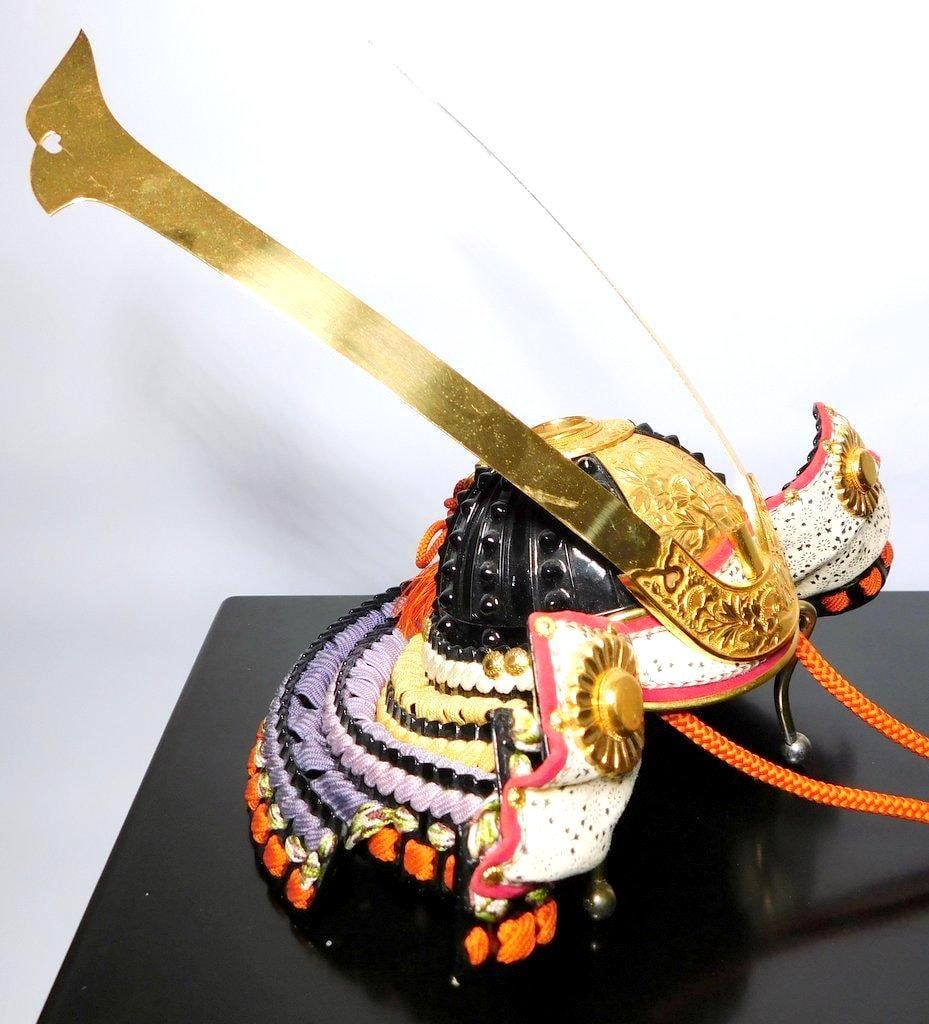 Traditional Japanese Kabuto Helmet w/ Decorative Lacquer Box - 6