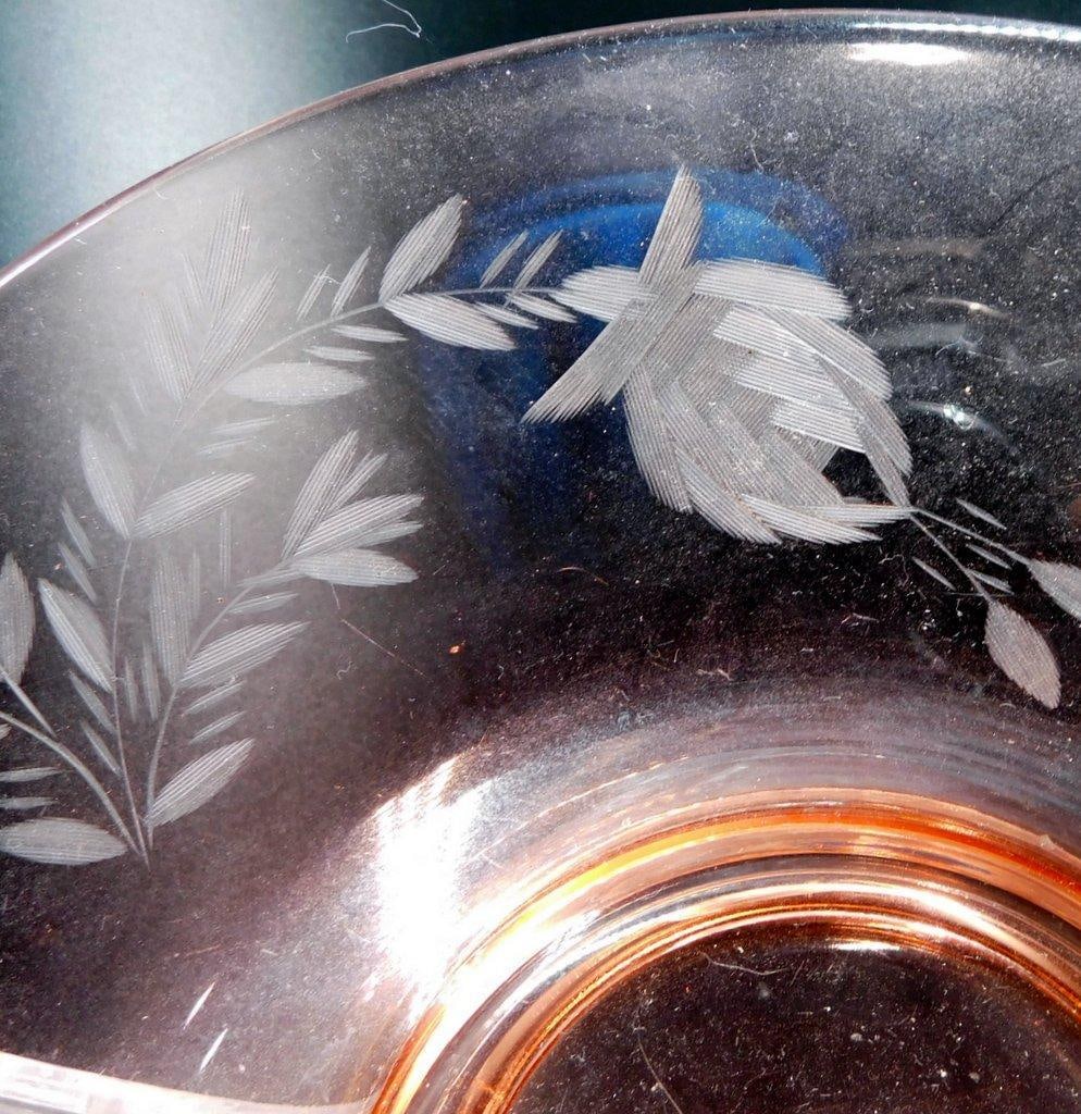 Pink Depression Glass Shallow Plate/Bowl w/ Etched Floral and Leaf Pattern - 4