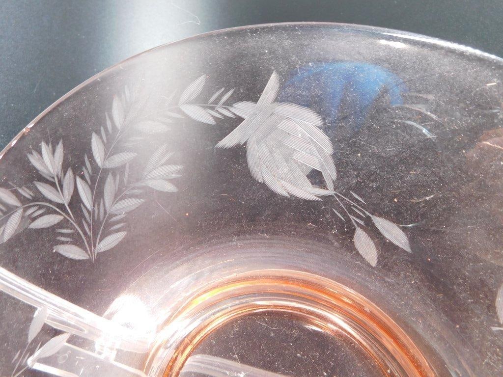 Pink Depression Glass Shallow Plate/Bowl w/ Etched Floral and Leaf Pattern - 5