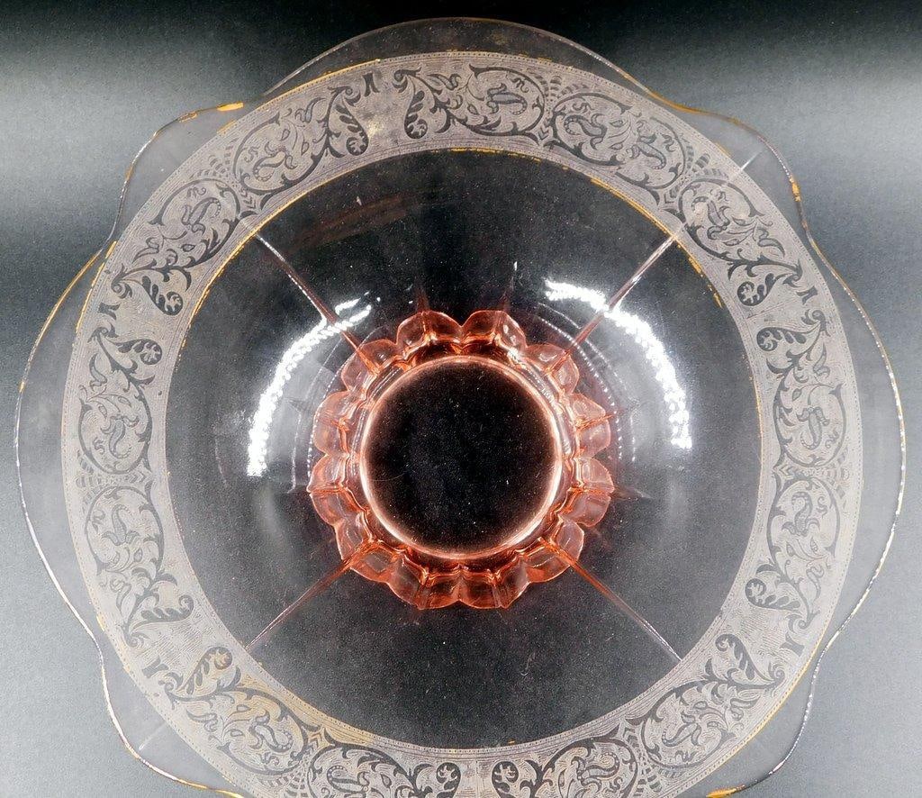 Pink Depression Glass Bowl w/ Etched Floral Motif - 3