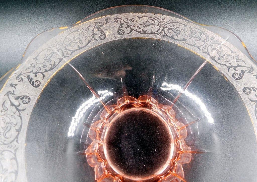 Pink Depression Glass Bowl w/ Etched Floral Motif - 4