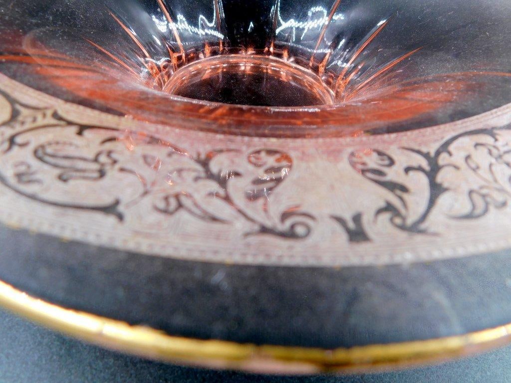 Pink Depression Glass Bowl w/ Etched Floral Motif - 7